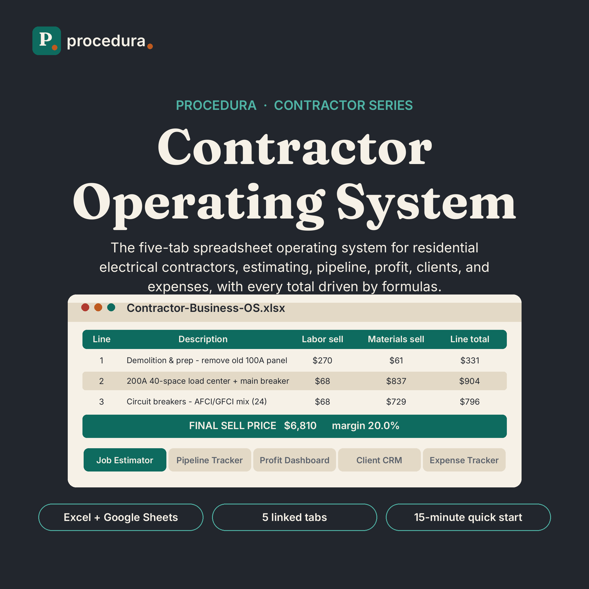 Contractor Operating System: five-tab spreadsheet operating system