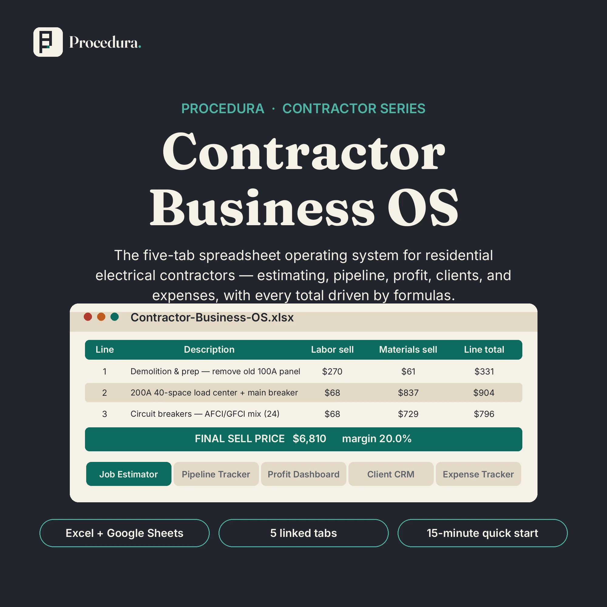 Contractor Operating System: five-tab spreadsheet operating system