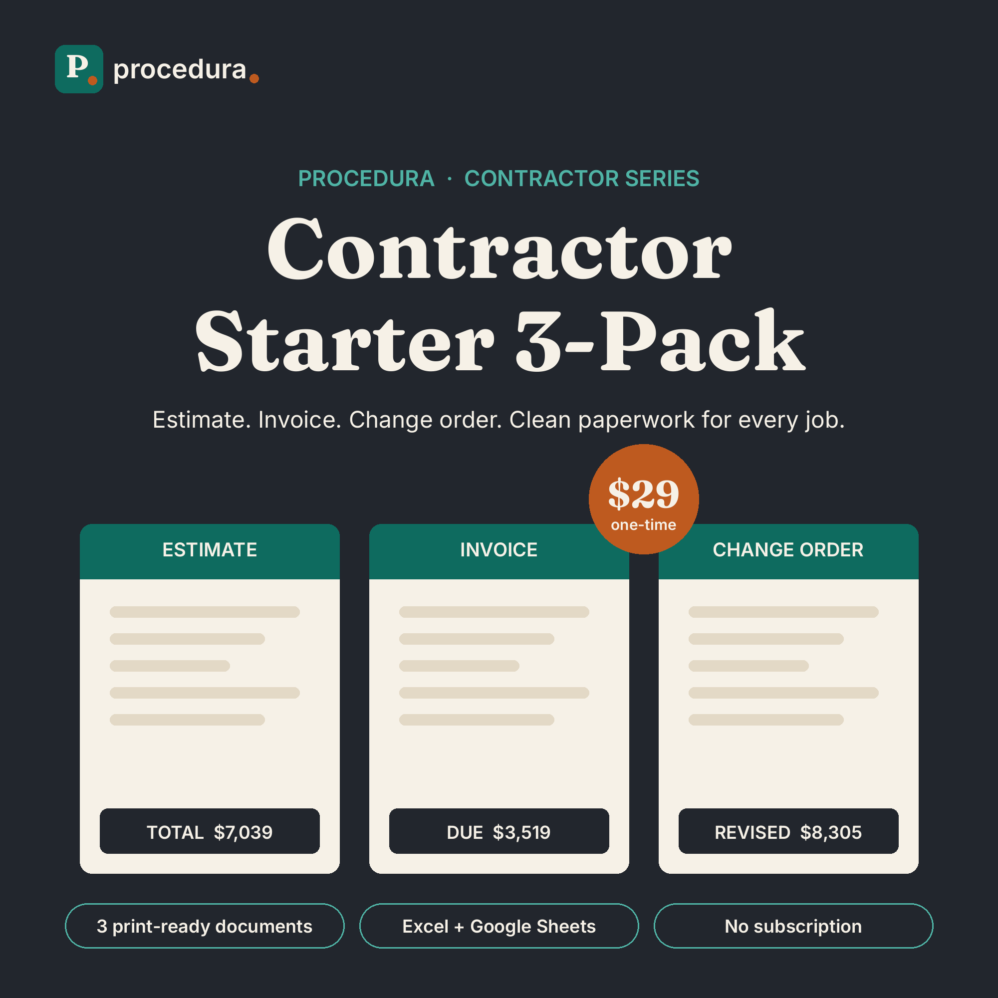 Contractor Starter 3-Pack: estimate, invoice, and change-order templates preview