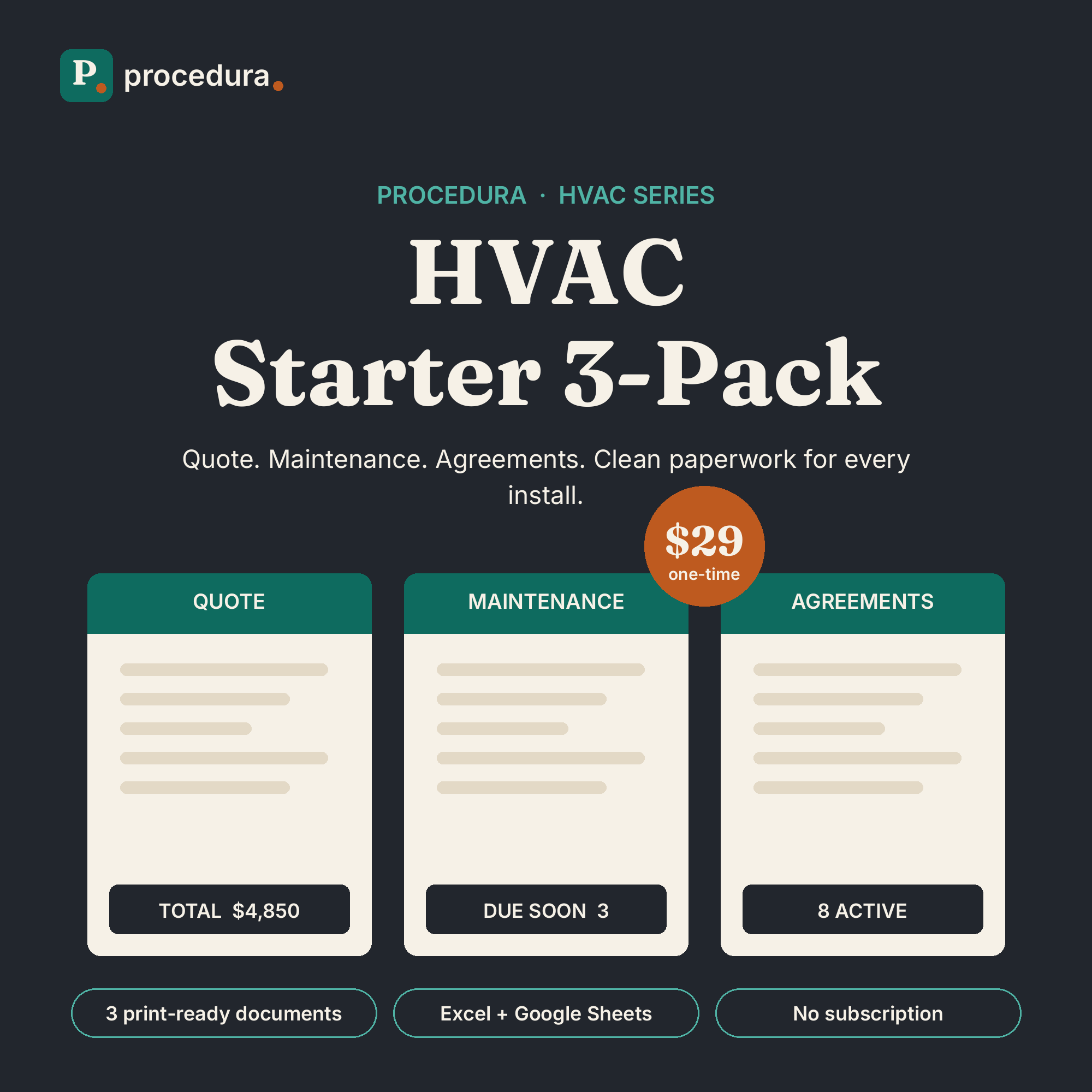 HVAC Starter 3-Pack: service quote, maintenance plan tracker, and service agreement log preview
