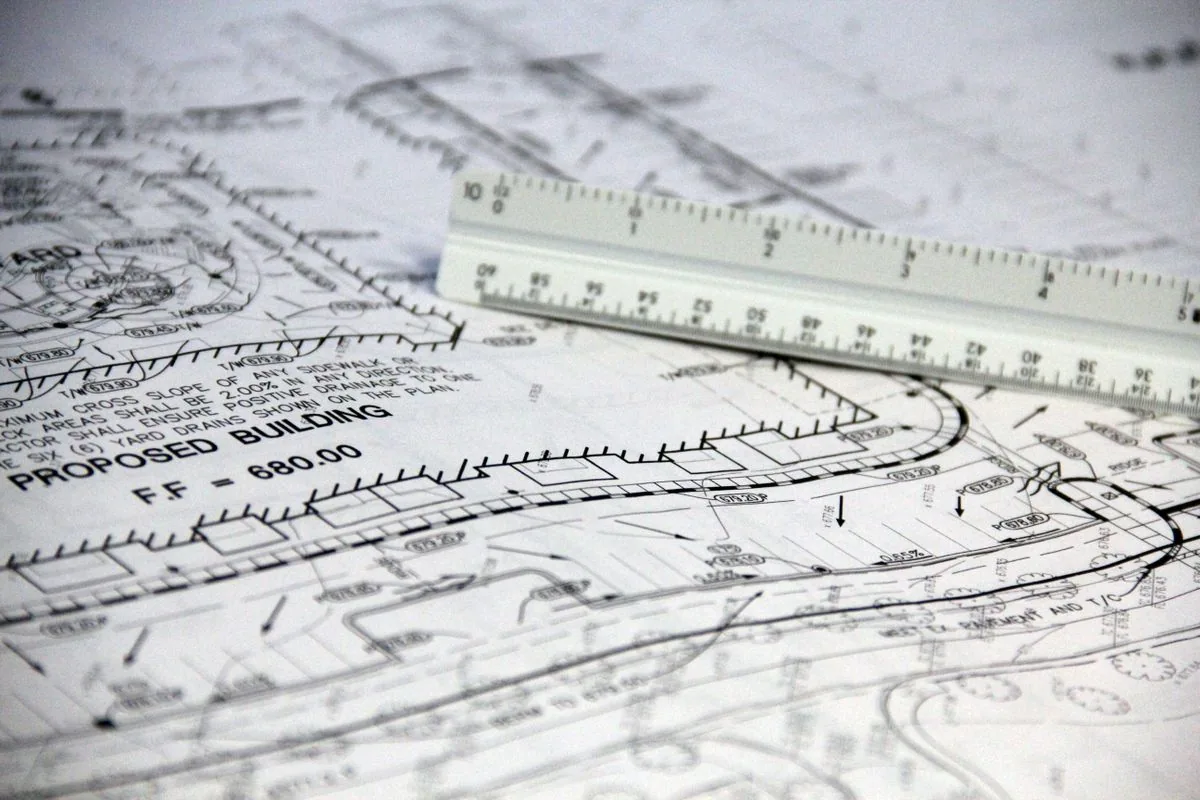Construction blueprint with a ruler during an estimate takeoff