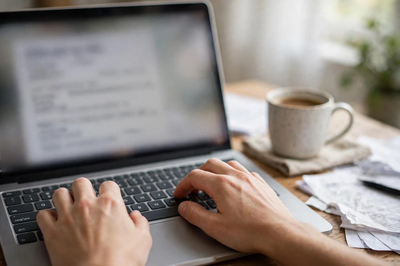 Close-up of hands typing on a laptop with invoices on a desk