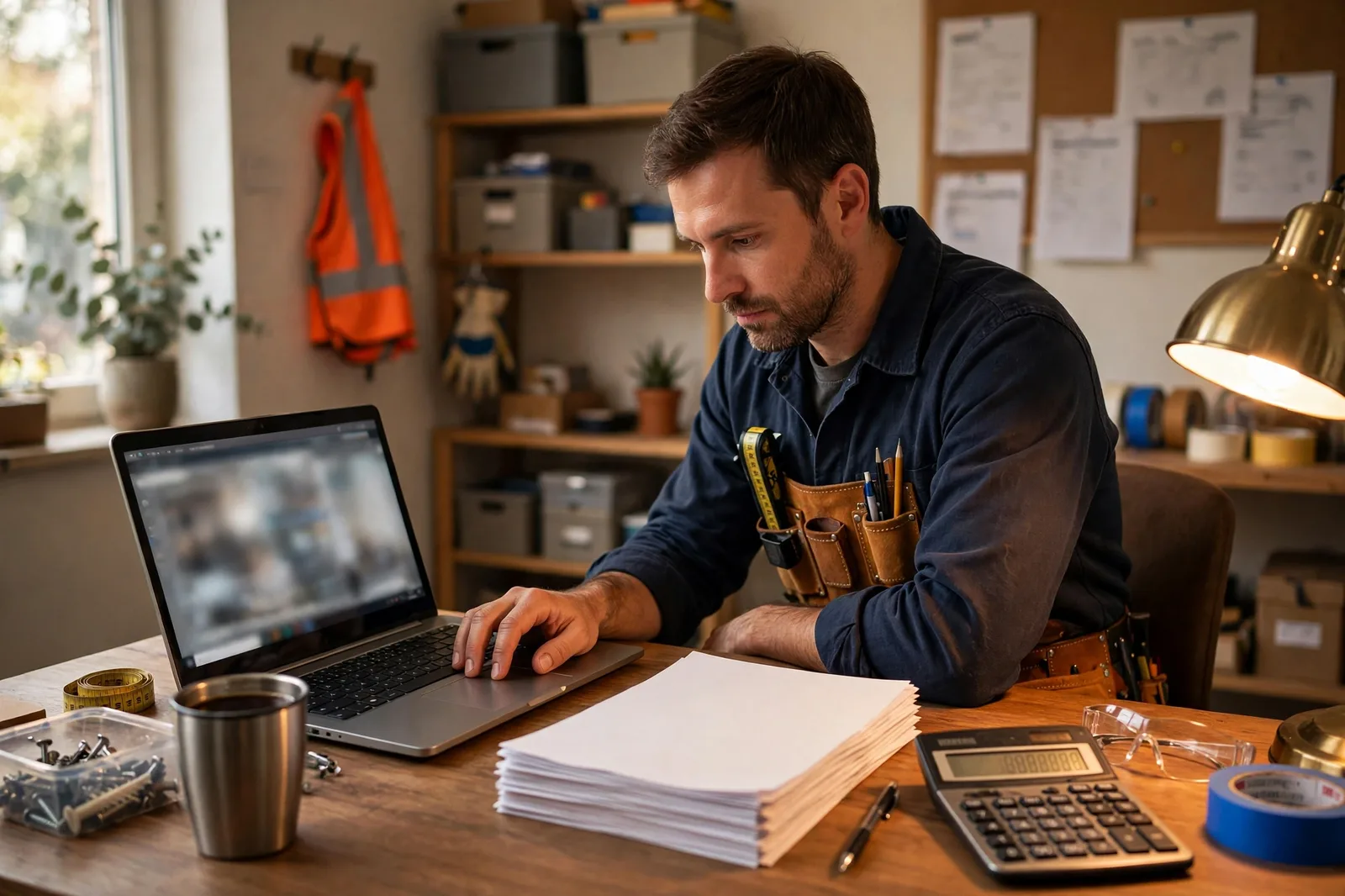 Contractor writing up an invoice at a kitchen table with a laptop