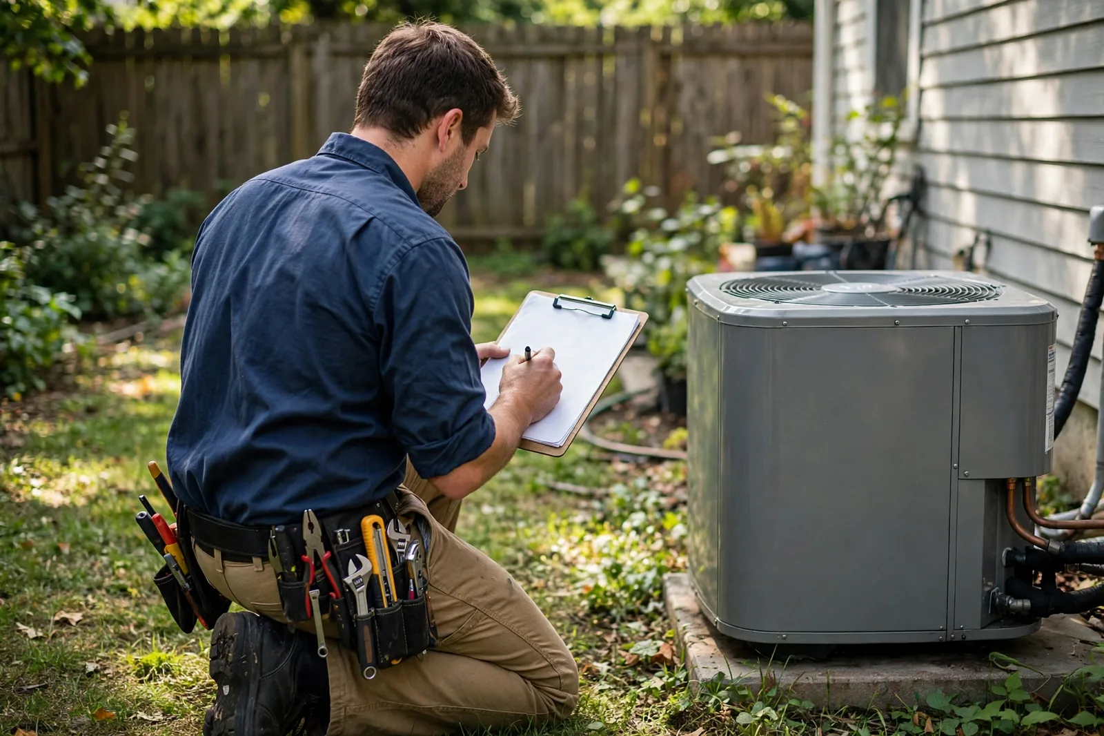 HVAC technician servicing an outdoor air conditioning unit