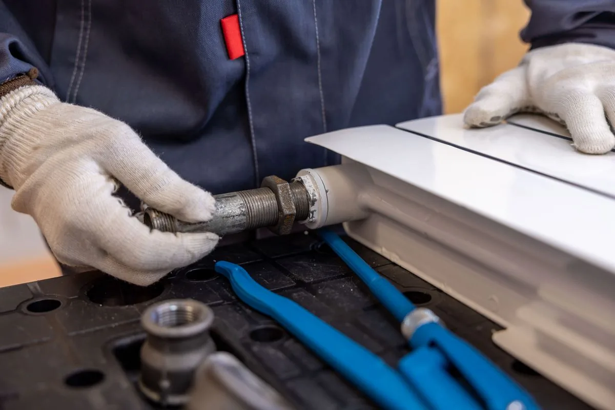 Gloved hands working on a radiator pipe valve