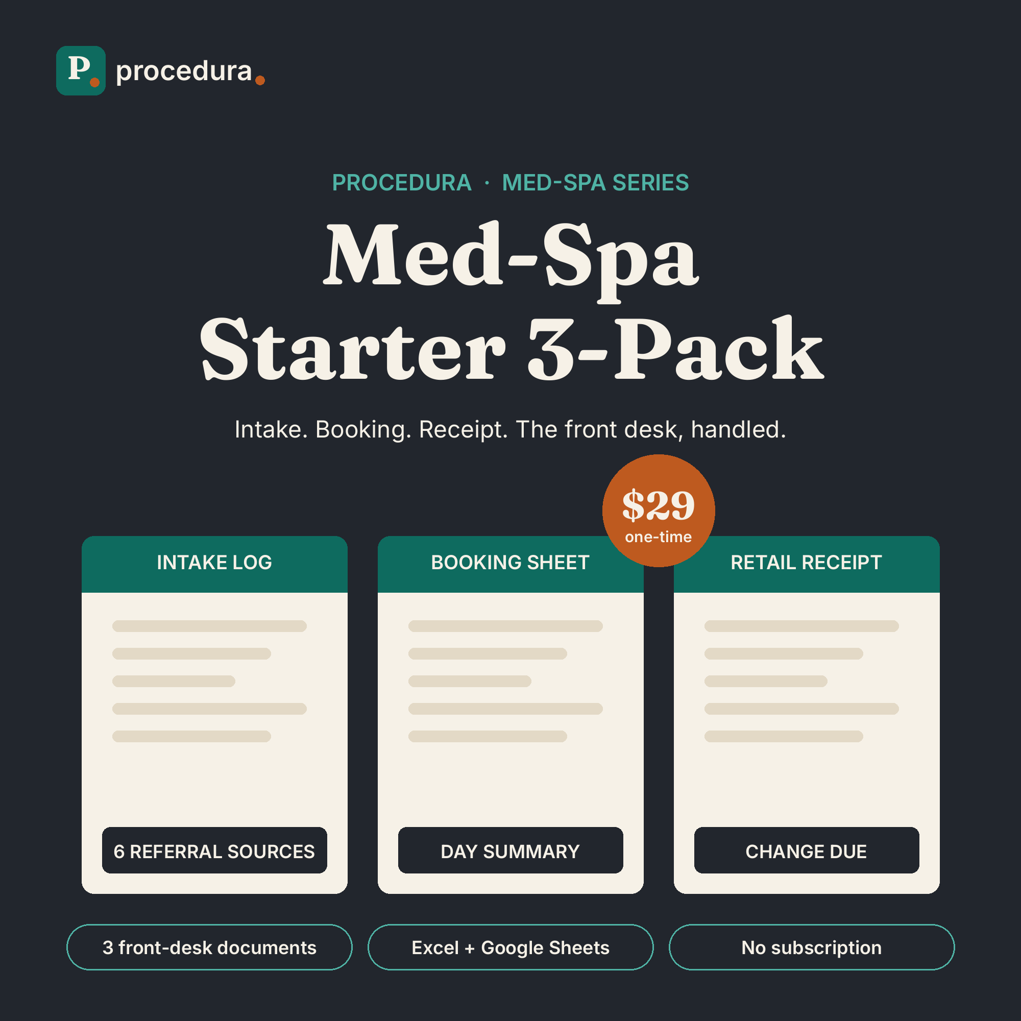 Med-Spa Starter 3-Pack: intake log, booking sheet, and retail receipt preview
