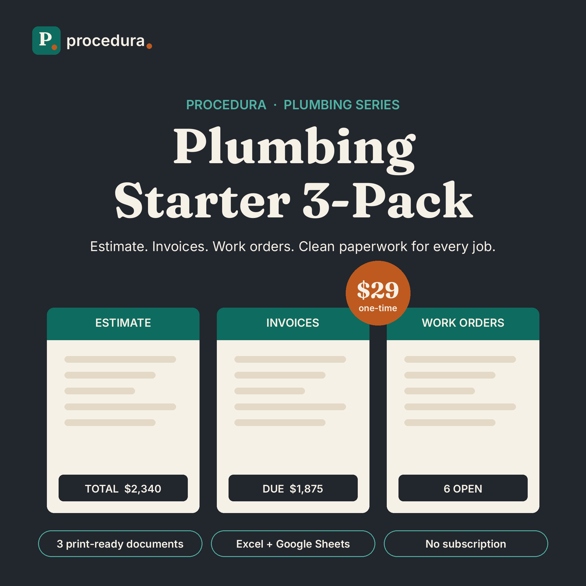 Plumbing Starter 3-Pack: estimate template, invoice tracker, and work order log preview