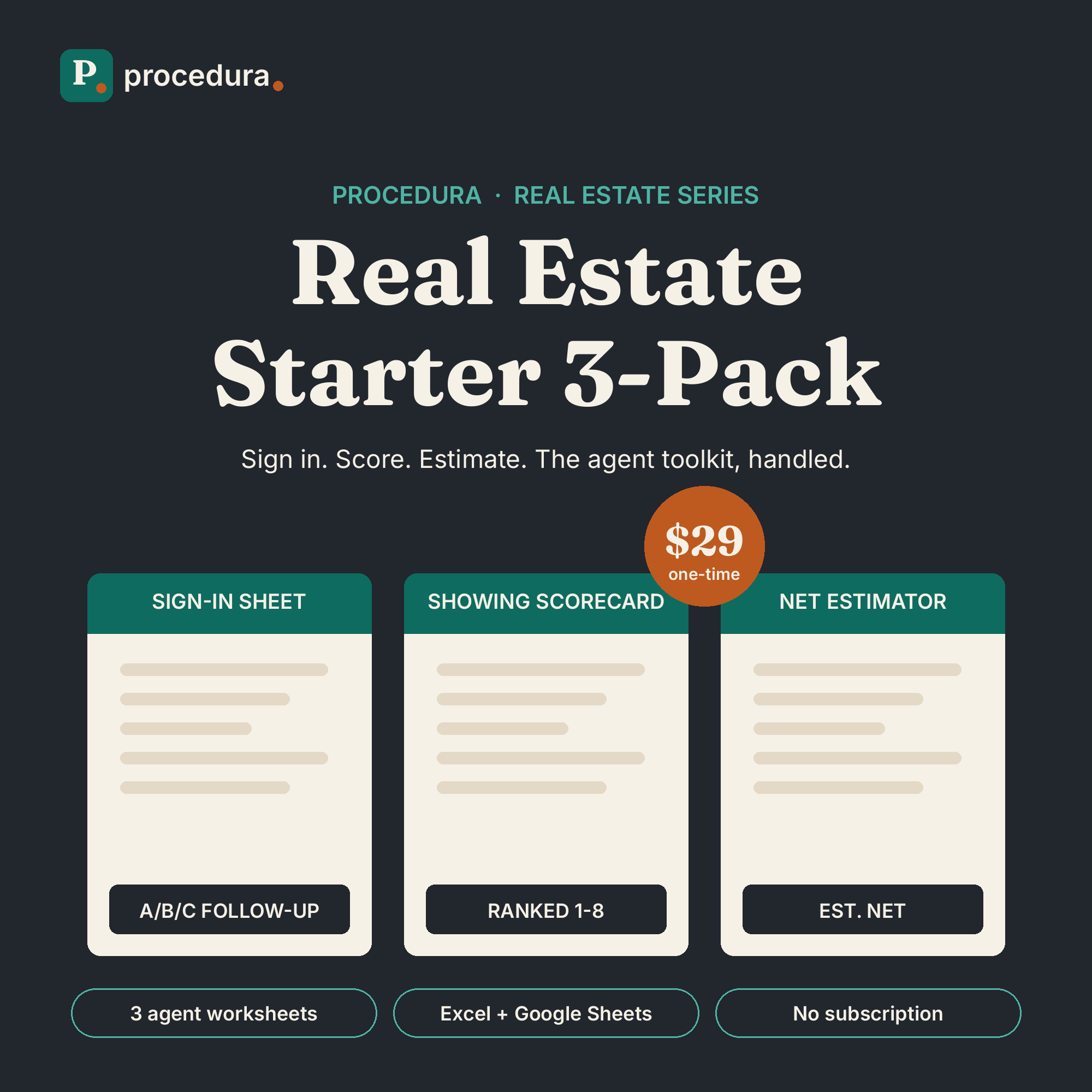 Real Estate Starter 3-Pack: sign-in sheet, showing scorecard, and net proceeds estimator preview