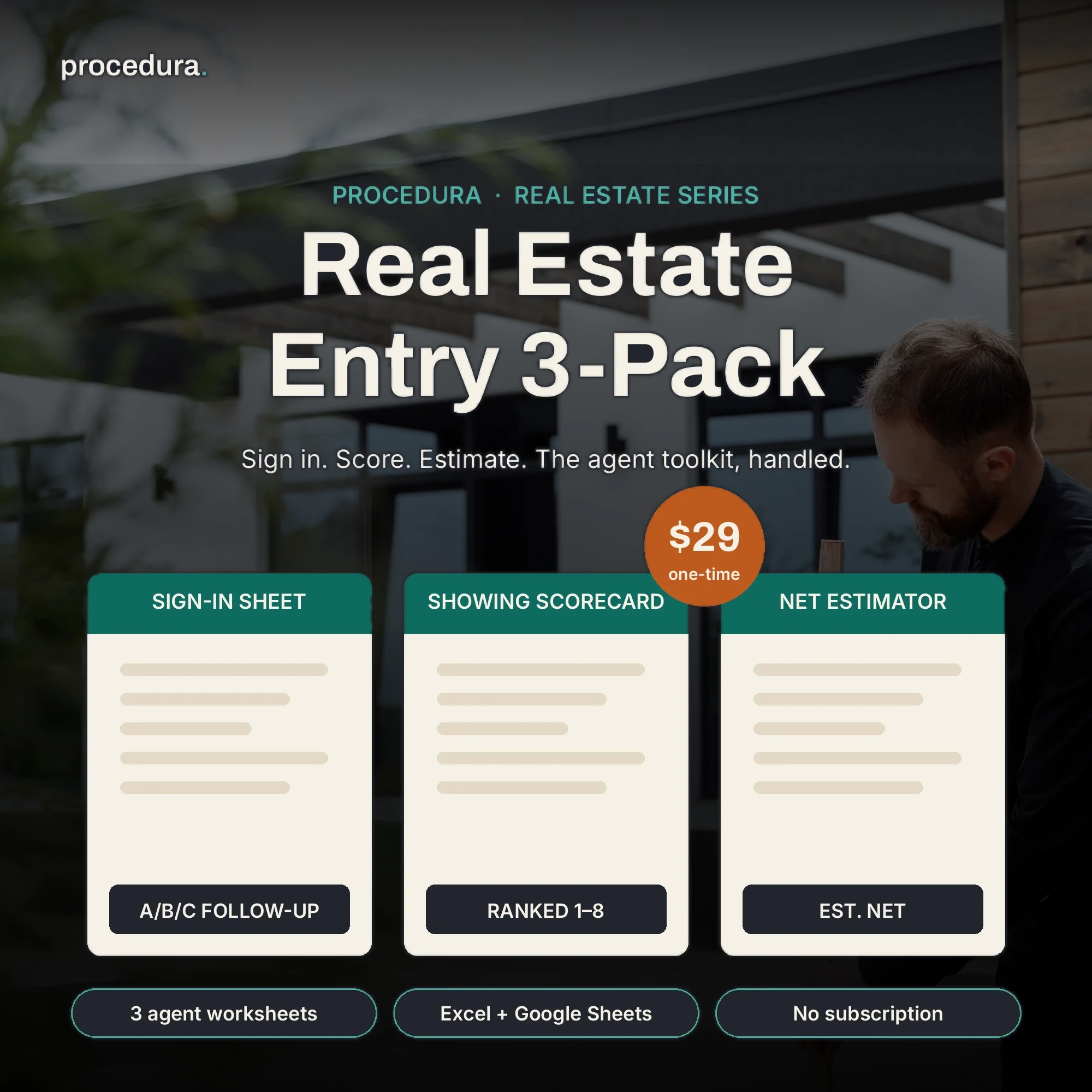 Real Estate Starter 3-Pack: sign-in sheet, showing scorecard, and net proceeds estimator preview